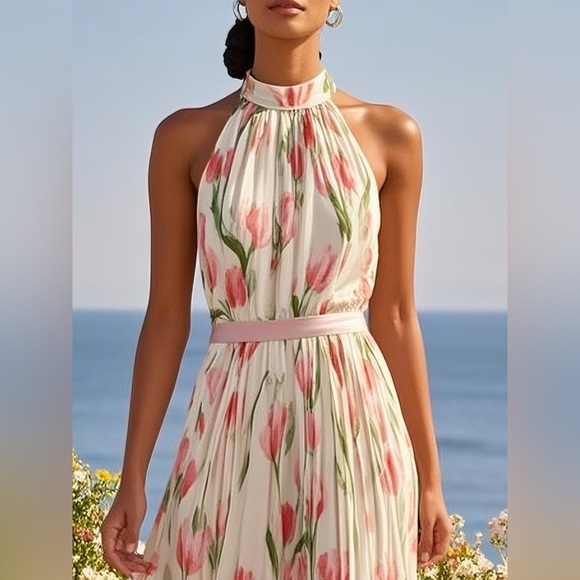Fehaute Pink Pleated Floral Chiffon Halter Sleeveless A-Line Maxi Dress NWT | 10 - Picture 8 of 10